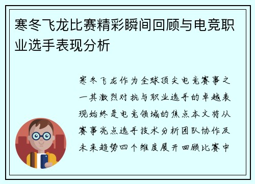 寒冬飞龙比赛精彩瞬间回顾与电竞职业选手表现分析